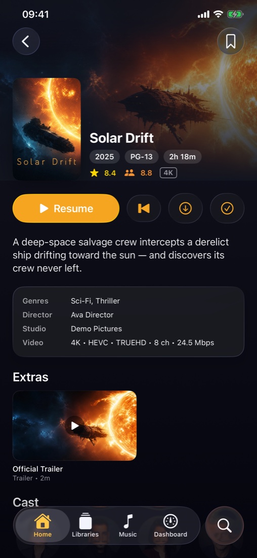 Solar Drift movie detail page with poster, backdrop, playback and cast